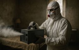 Technicien en combinaison utilisant un appareil de désodorisation.