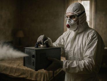 Technicien en combinaison utilisant un appareil de désodorisation.