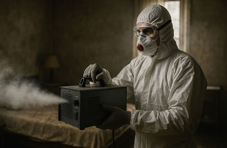 Technicien en combinaison utilisant un appareil de désodorisation.