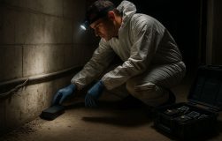 Technicien en combinaison effectuant une désinfection dans un sous-sol