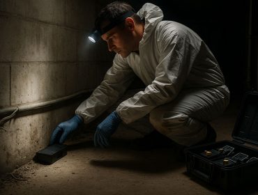 Technicien en combinaison effectuant une désinfection dans un sous-sol
