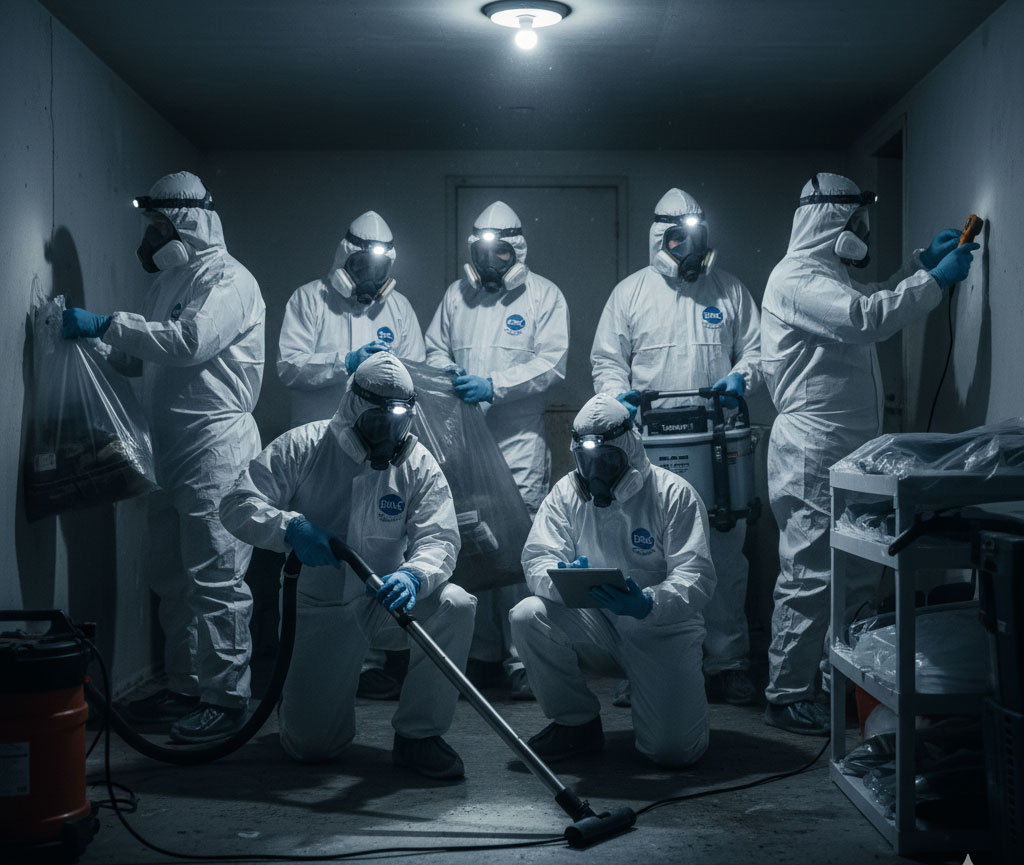 Équipe en tenue de protection effectuant un nettoyage extrême en intérieur.