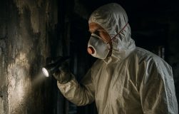 Expert en sinistres inspectant un mur endommagé avec une lampe torche.