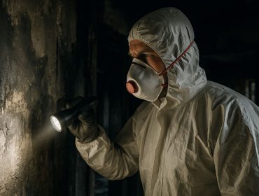 Expert en sinistres inspectant un mur endommagé avec une lampe torche.