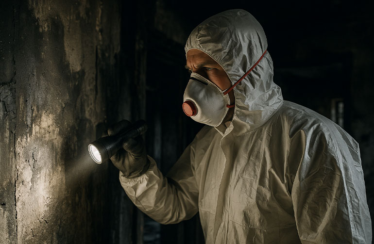 Expert en sinistres inspectant un mur endommagé avec une lampe torche.