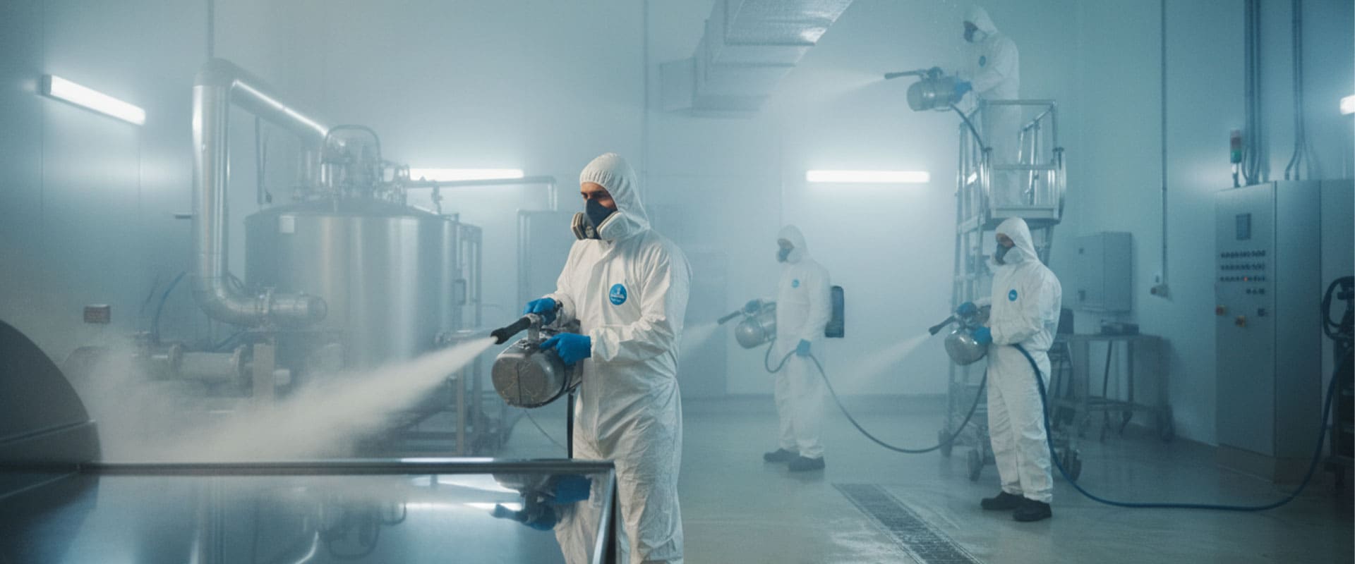 Techniciens en tenue de protection nettoyant une salle industrielle
