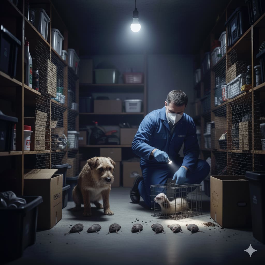 Technicien ERAC capturant des nuisibles dans un sous-sol