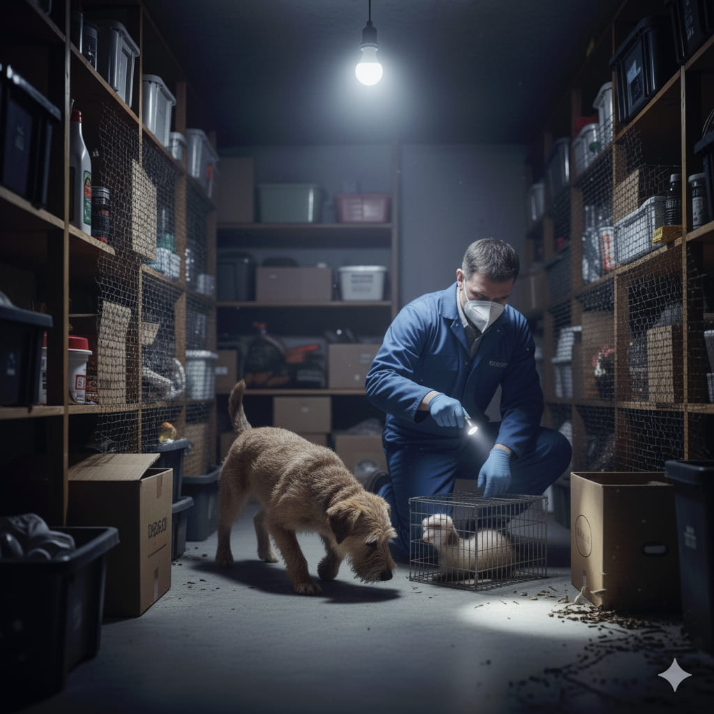 Expert en nettoyage inspectant une cave avec un chien et une cage.