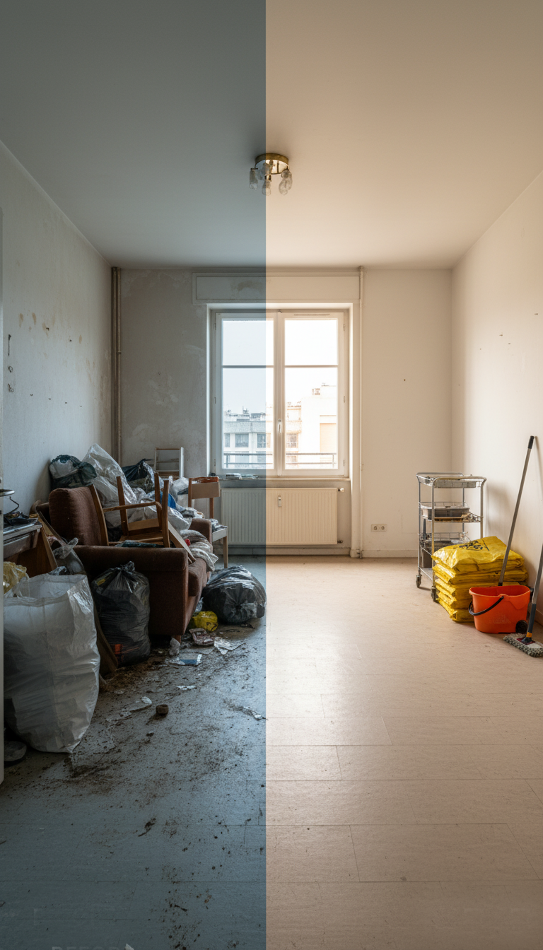 Salle avant et après enlèvement des encombrants