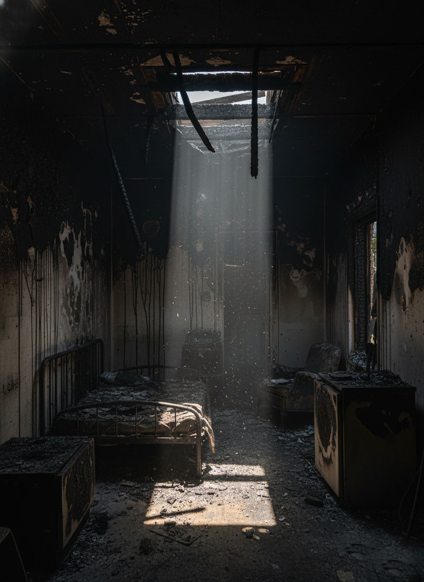 Chambre endommagée après un incendie