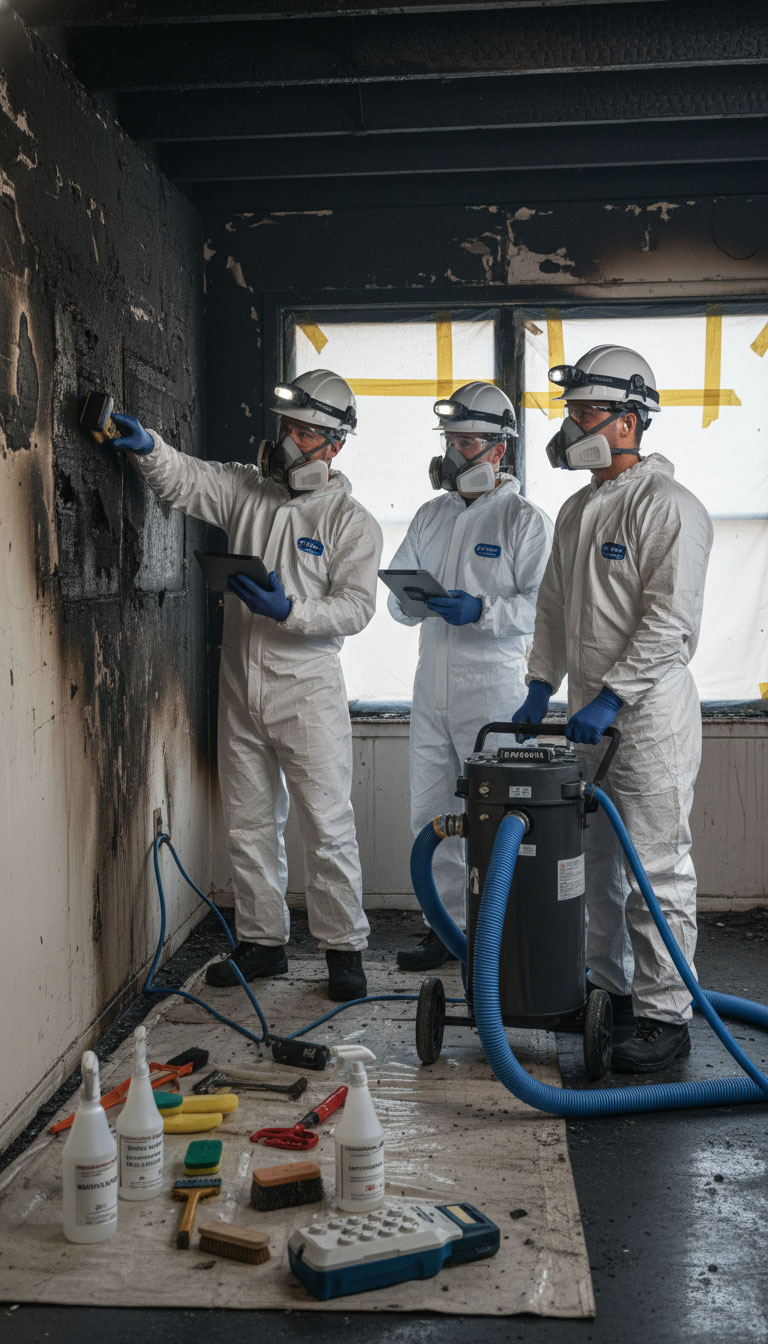 Techniciens nettoyant après incendie