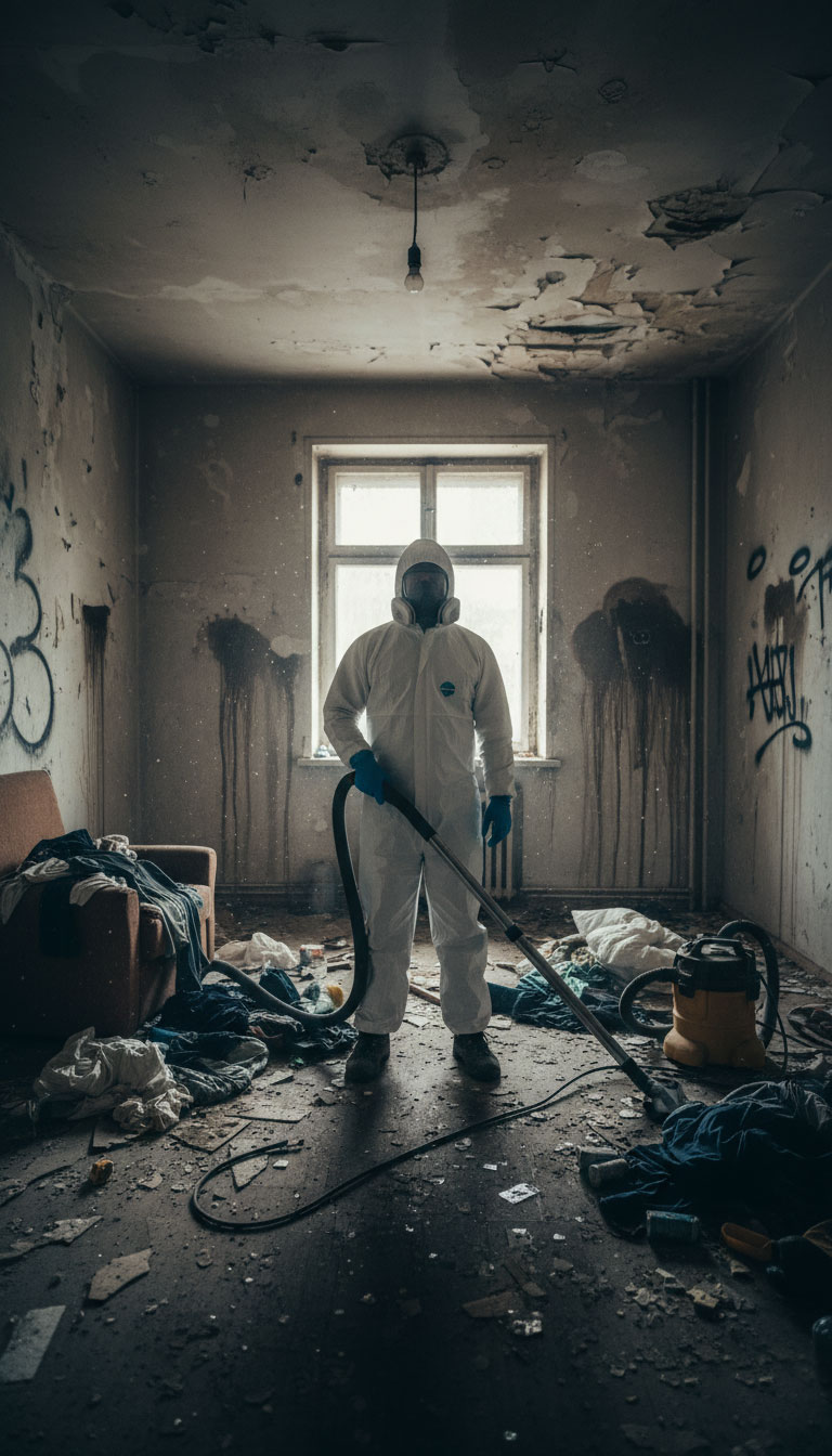 Technicien nettoyant un logement insalubre