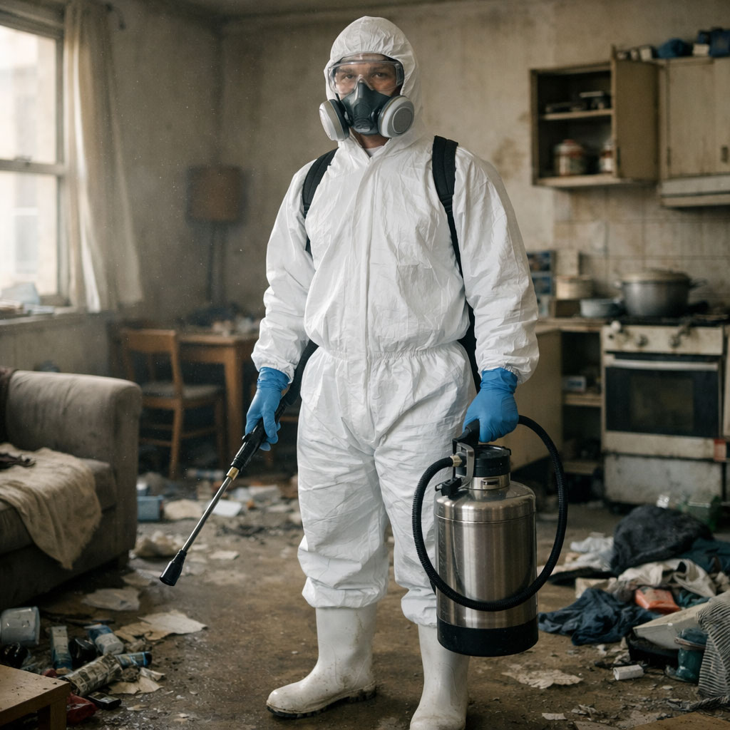 Technicien en combinaison dans un logement insalubre