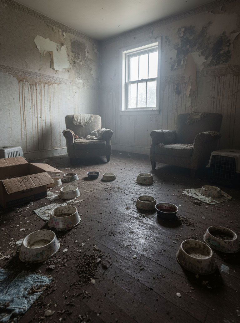 Pièce délabrée avec bols d'animaux vides