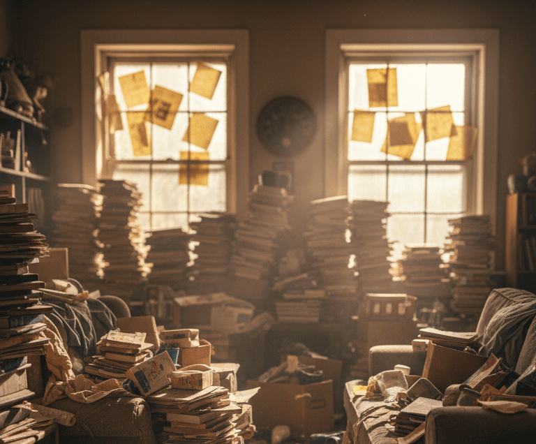 Chambre encombrée avec piles de livres et papiers