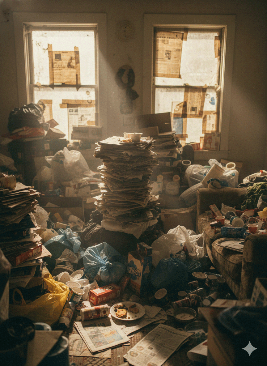 Pièce encombrée par des piles de journaux et déchets, lumière filtrée.